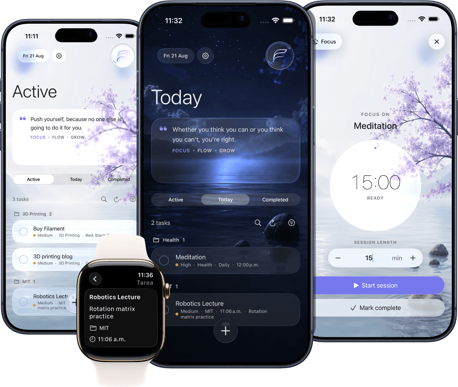 Fast Flow on iPhone showing Today, Active, and a focus session